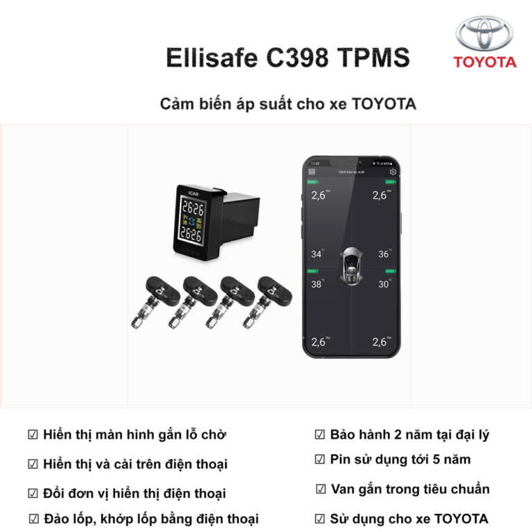 Cảm Biến Áp Suất Lốp C398 Cho Lỗ Chờ Xe TOYOTA + Điện Thoại